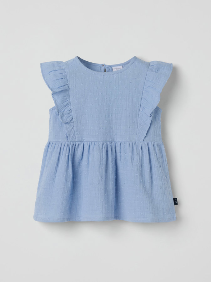 Vevd bluse med volanger prikkete